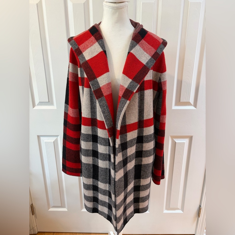 Anthropologie field flower Red/Black Plaid Cressida Wool Hooded Cardigan Size L